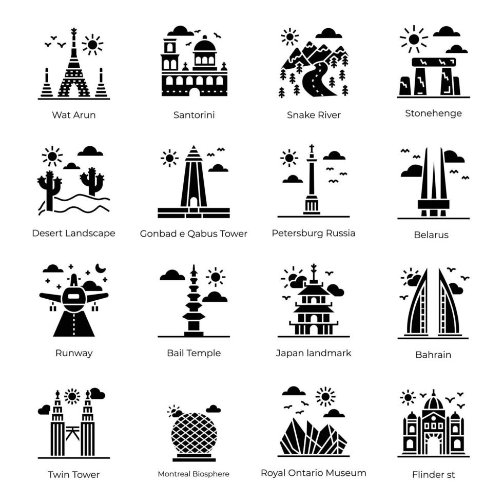 Pack of World Famous Landmarks and Monuments Solid Icons vector