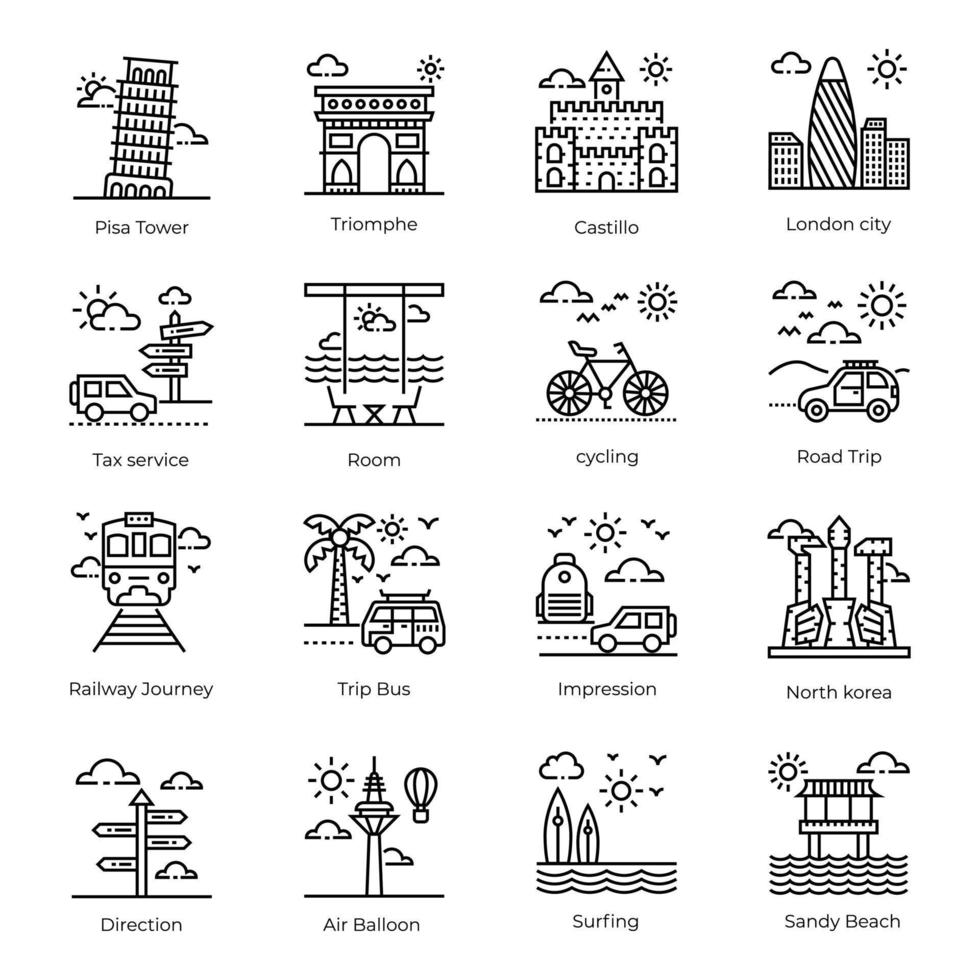 paquete de iconos lineales de puntos de referencia y monumentos vector