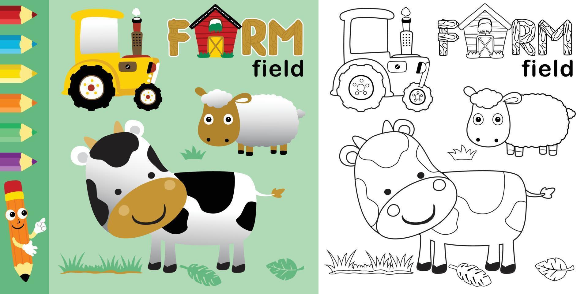 divertidos dibujos animados de animales de ganado con tractor amarillo en el campo agrícola, elementos agrícolas, libro para colorear o página vector