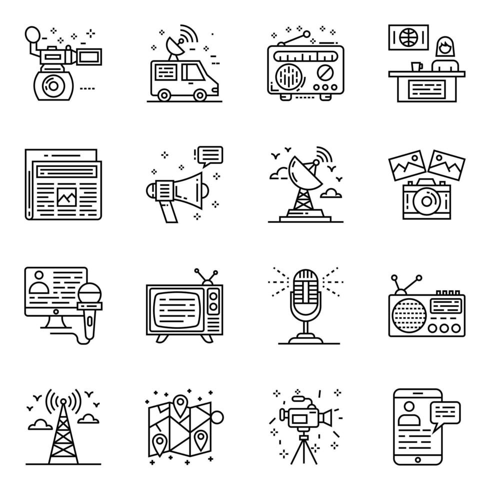 paquete de iconos lineales de periodismo y medios vector