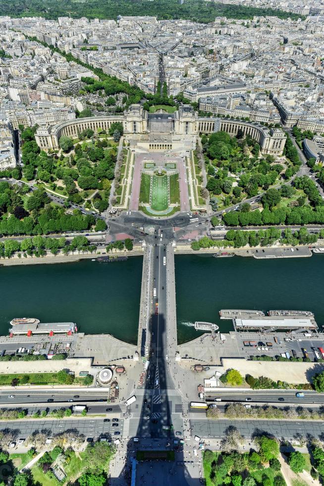 Aerial view of Trocadero as seen from the Eiffel Tower with La Defense in the background in Paris, France. photo