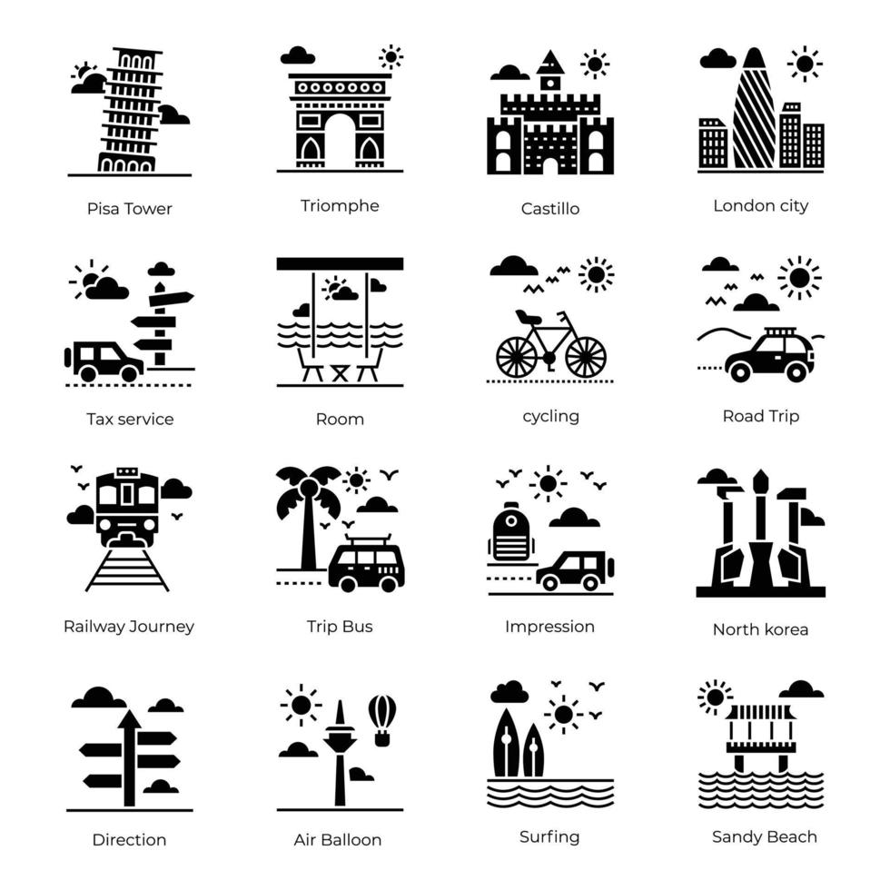 paquete de iconos sólidos de puntos de referencia y monumentos vector