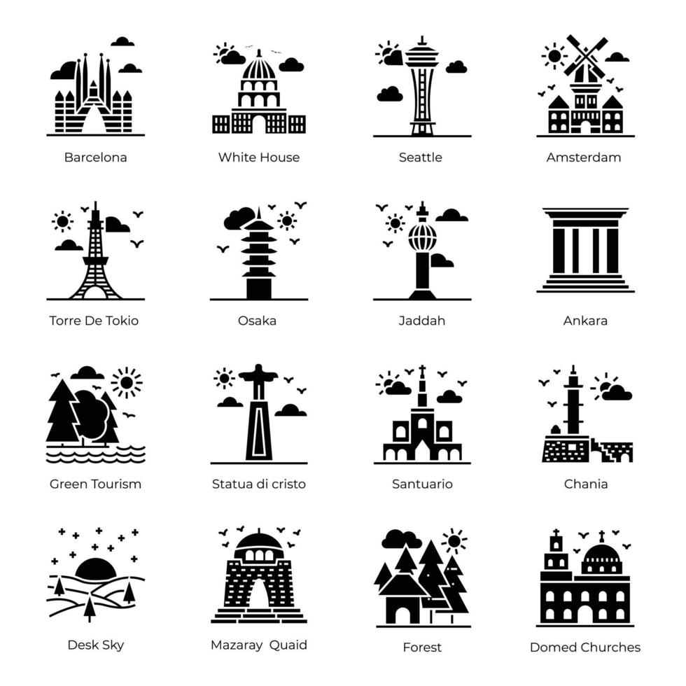 Pack of World Famous Landmarks Solid Icons vector