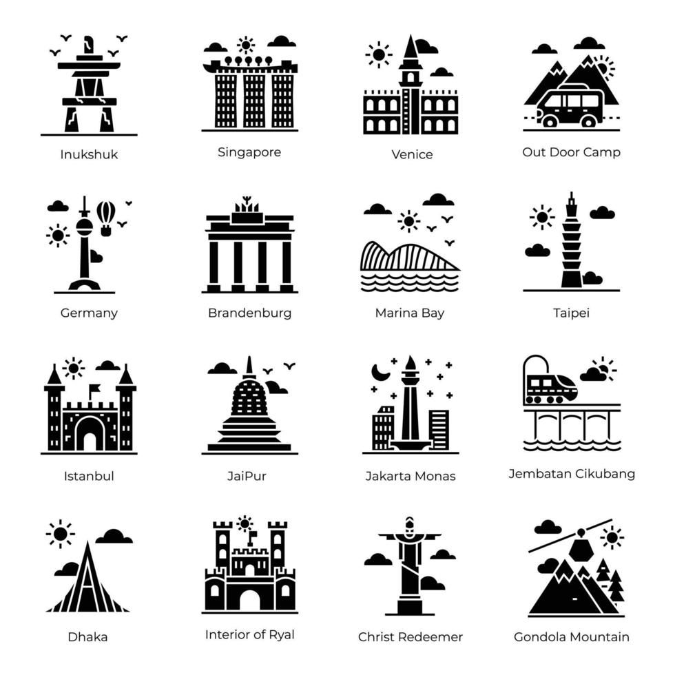 paquete de iconos sólidos de monumentos de fama mundial vector