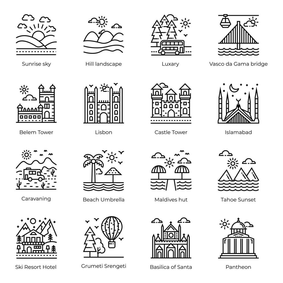 Pack of World Monuments Linear Icons vector