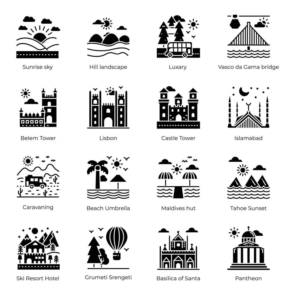 paquete de iconos sólidos de monumentos del mundo vector