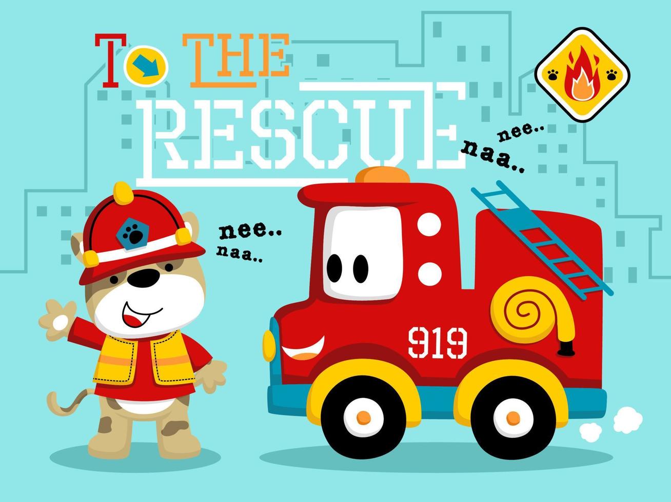 Vector illustration of cartoon cute puppy in fireman costume with funny fire truck