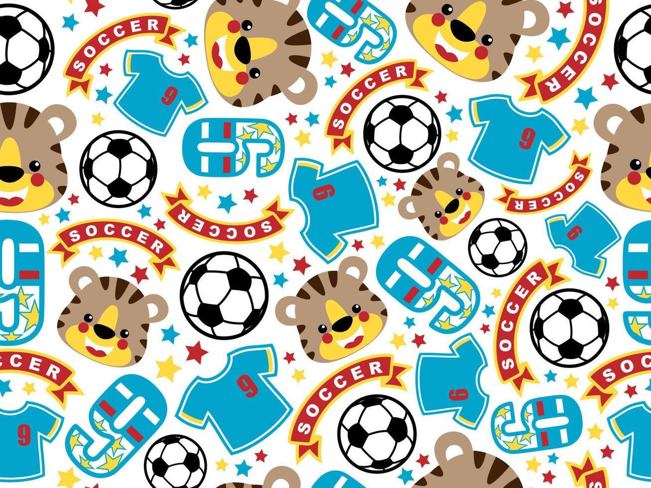 Seamless pattern vector of funny tiger smile face with football elements