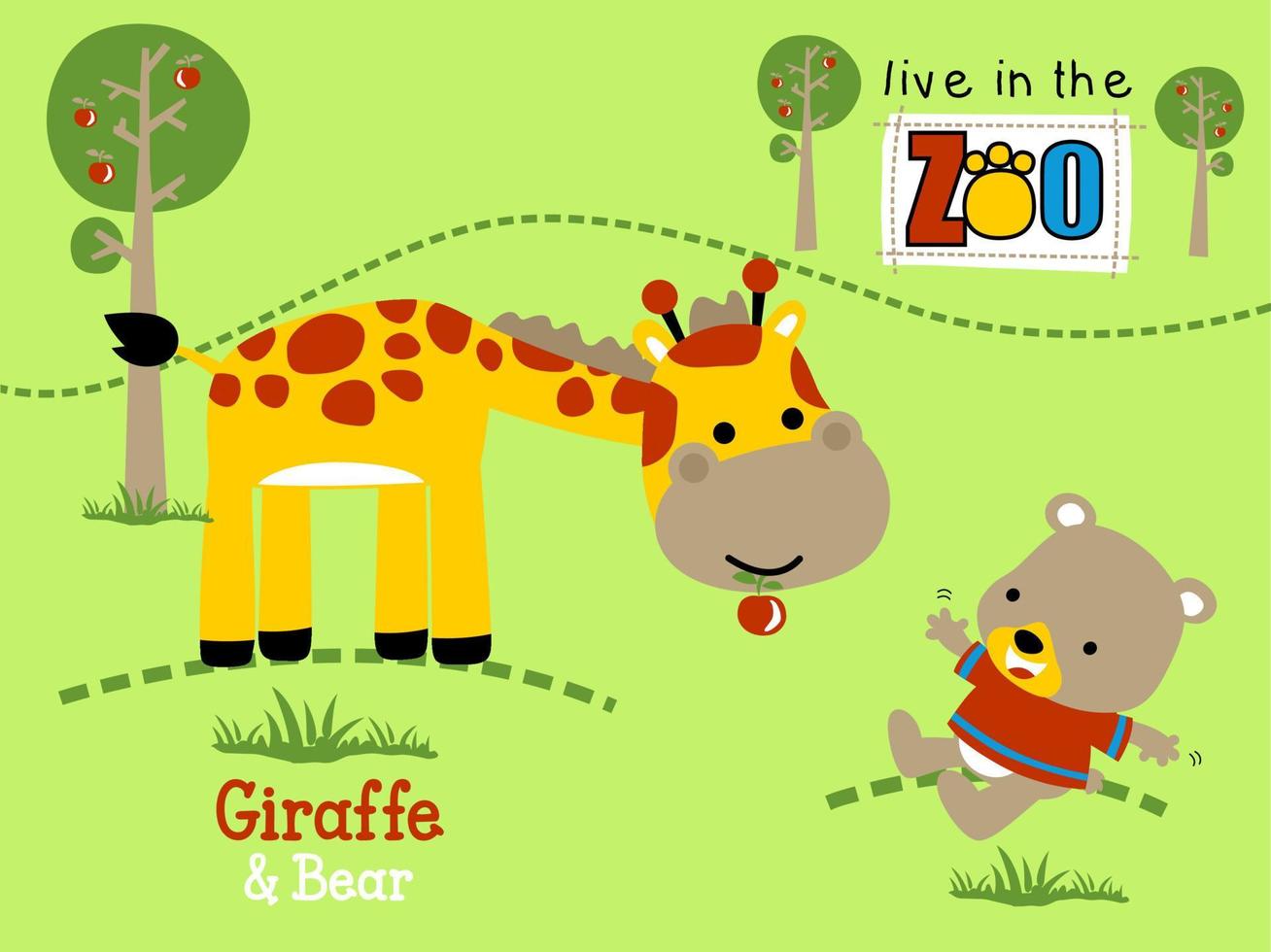 Vector illustration of cartoon nice giraffe and little bear in the zoo