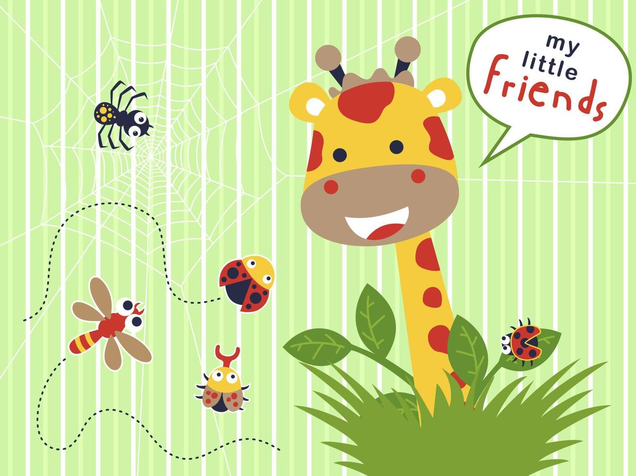 Funny giraffe cartoon with little bugs. Ladybird, beetle, dragonfly and spider on cobweb. Vector cartoon illustration