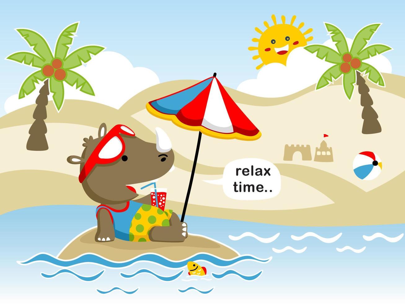 Cute rhino lying down while holding soft drink in the beach at summer holiday. Vector cartoon illustration