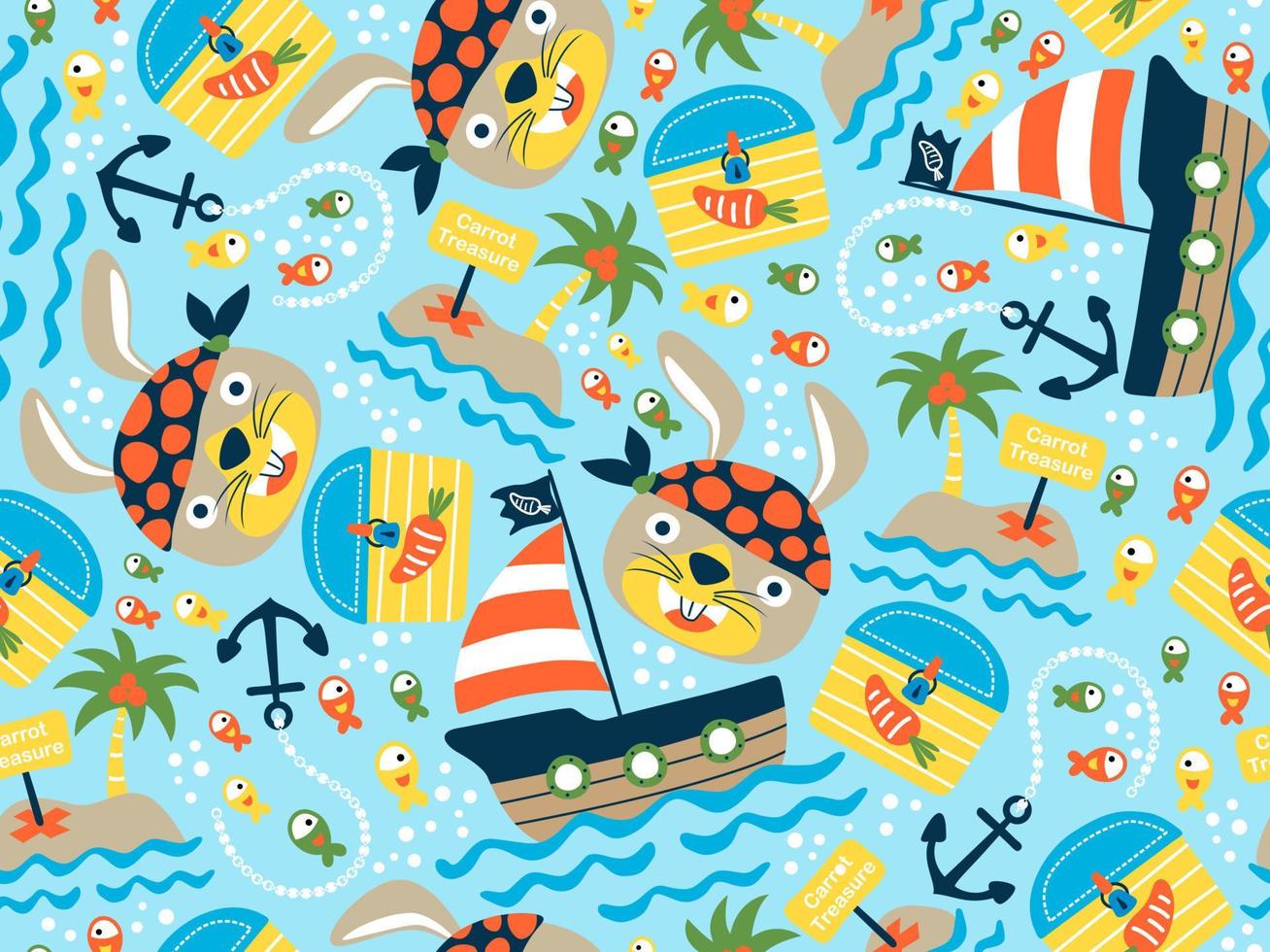 Seamless pattern vector of pirate elements cartoon with funny rabbit wearing bandana. Little island, treasure chest and fish