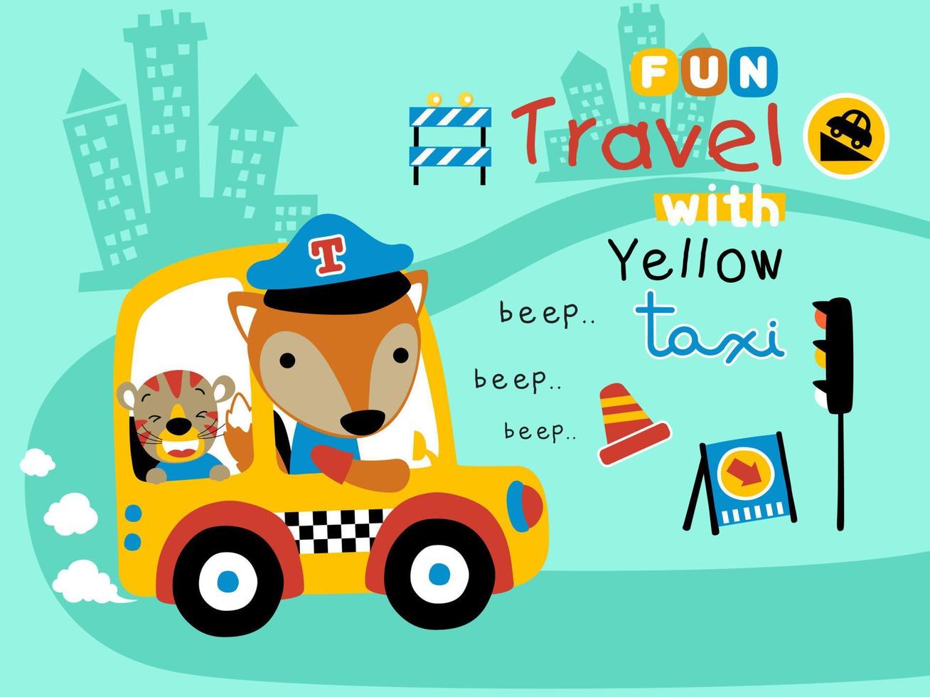 vector cartoon of funny fox and tiger yellow taxi, traffic element illustration