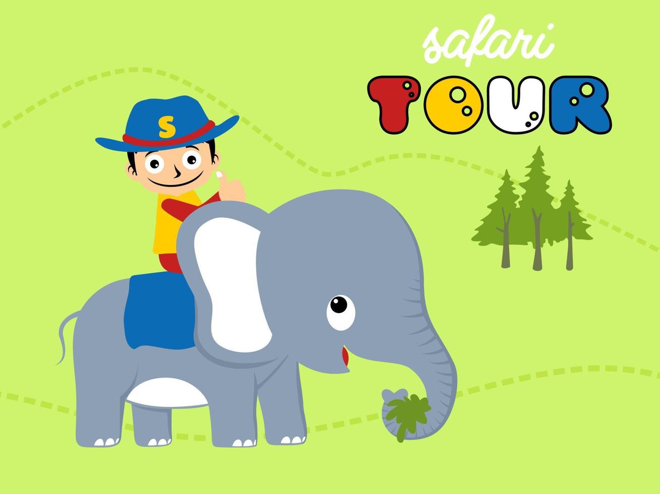 vector illustration of cartoon boy wearing cowboy cap riding elephant, safari tour element