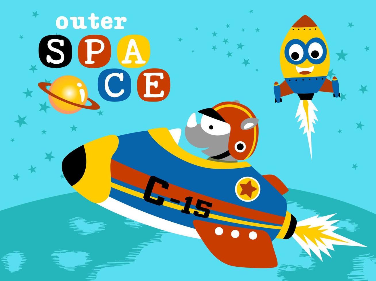 vector cartoon of rhino on spaceship journey to space with funny rocket