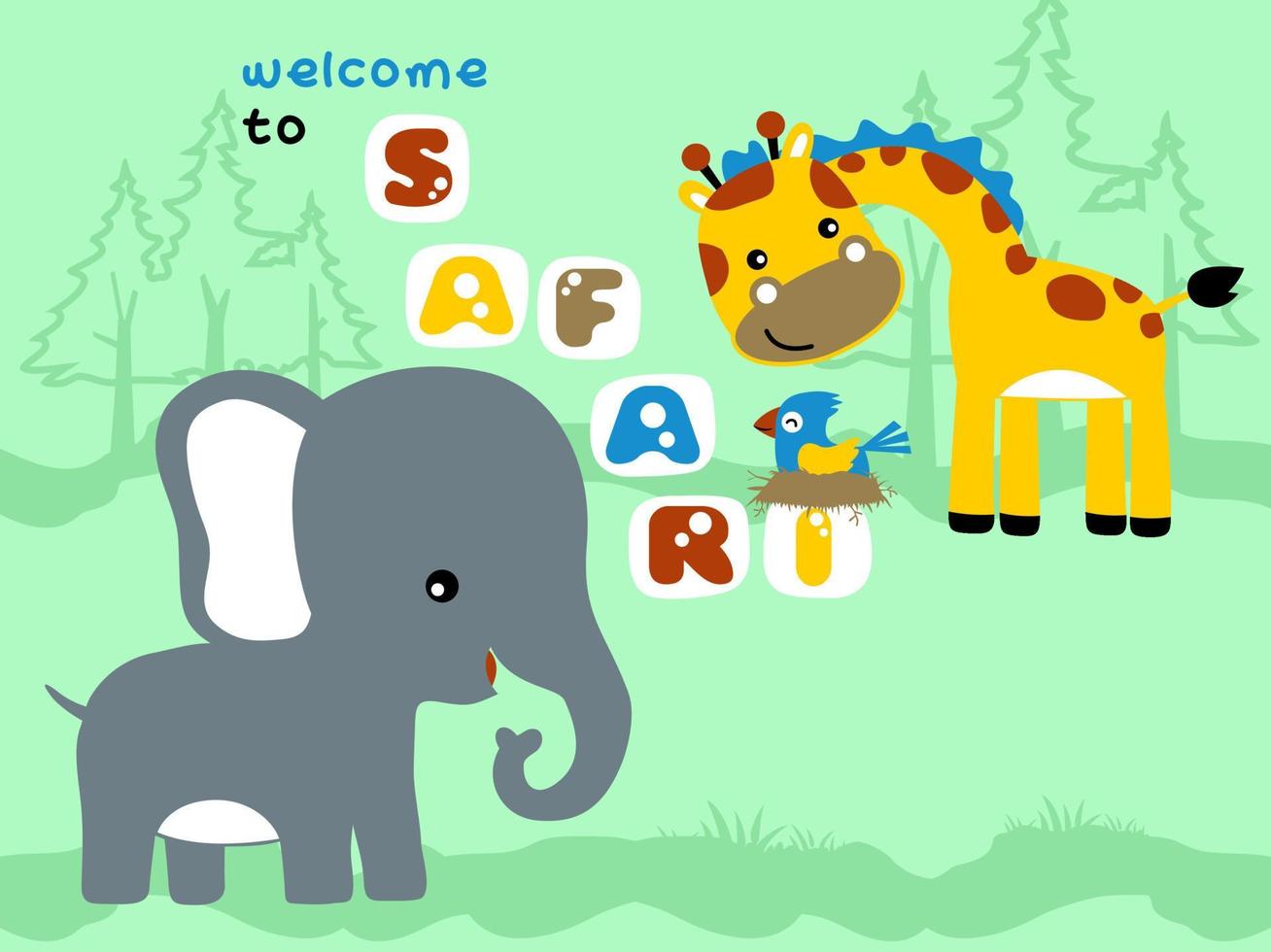 Vector cartoon of elephant and giraffe with bird