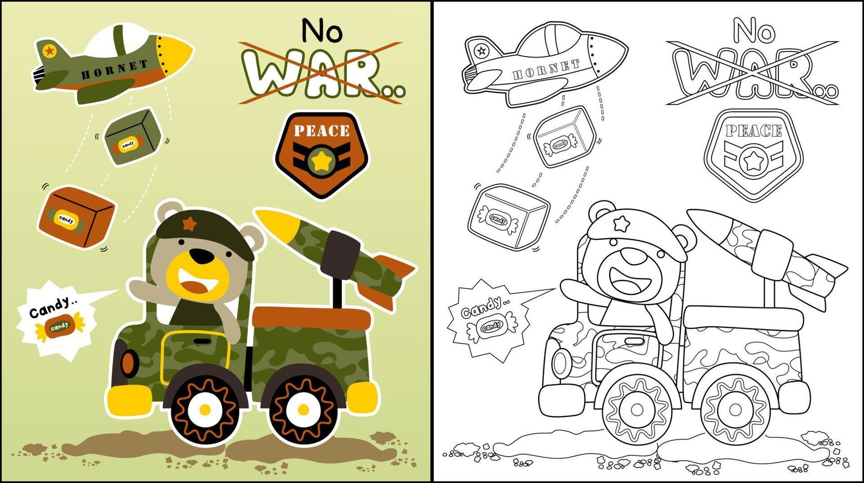 Vector cartoon of cute bear on military truck with missile, military plane dropping candy box, no war slogan, coloring book or page