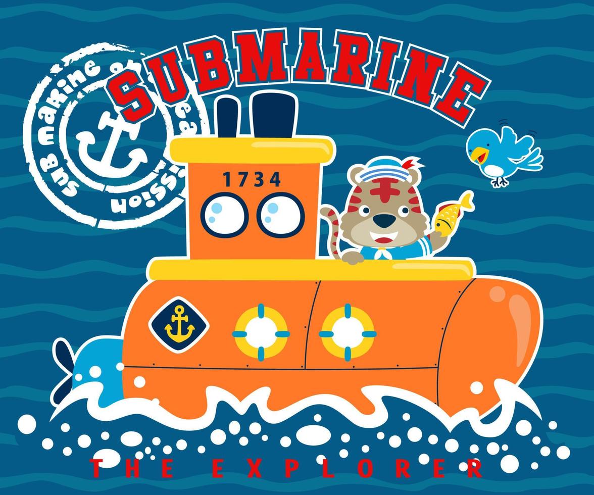 Cartoon of cat on submarine feeding a bird with a fish. Vector cartoon illustration