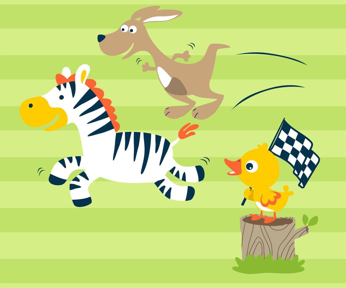 Vector illustration of cartoon zebra and kangaroo on a race, little duck holding finish flag on tree stump