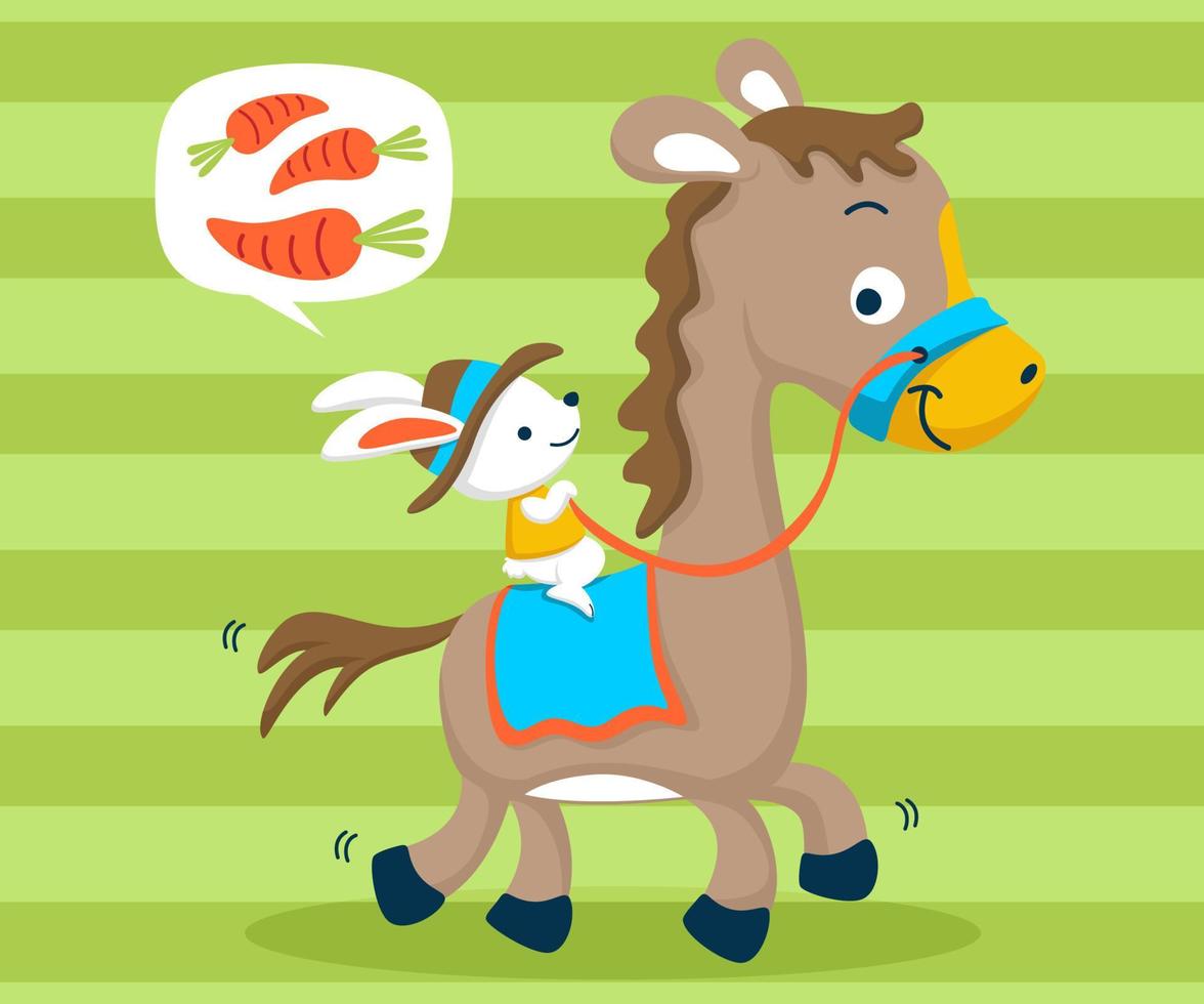 Nice bunny thinking carrots while ride on horse on stripe background. Vector cartoon illustration