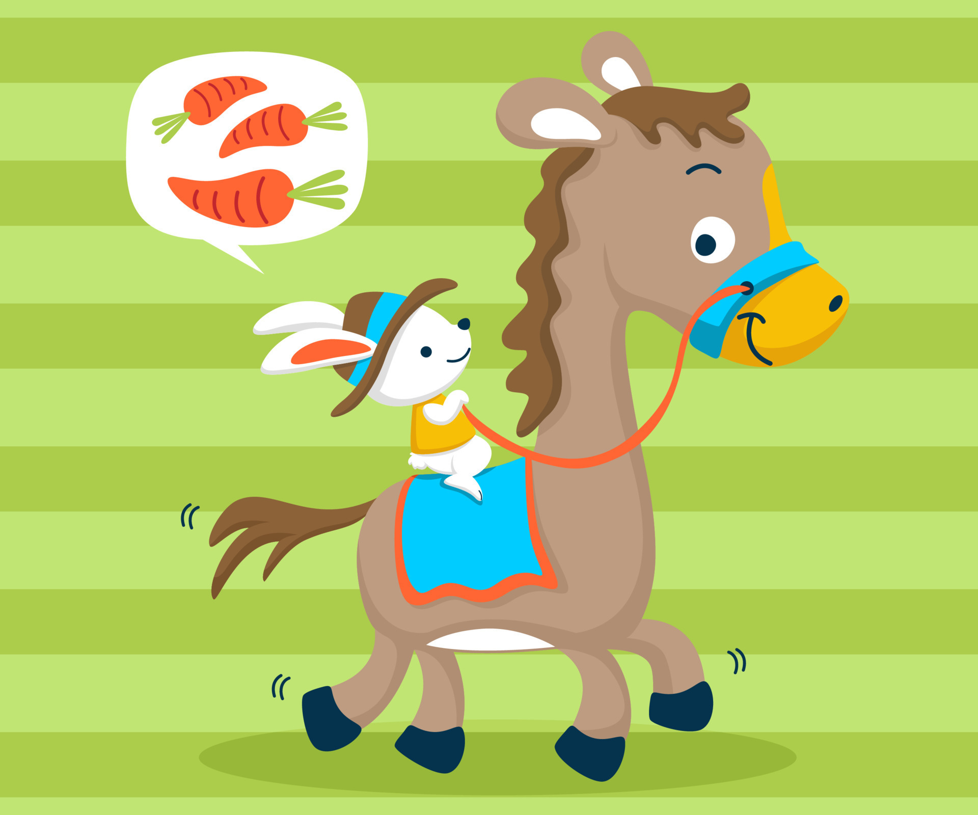 Nice bunny thinking carrots while ride on horse on stripe background.  Vector cartoon illustration 16111165 Vector Art at Vecteezy