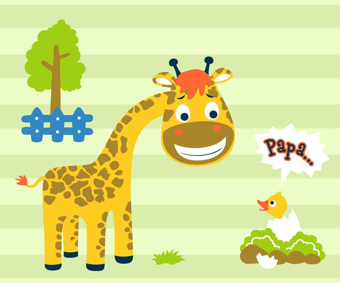 Vector illustration of cartoon giraffe with baby duck, the duck called PAPA to the giraffe