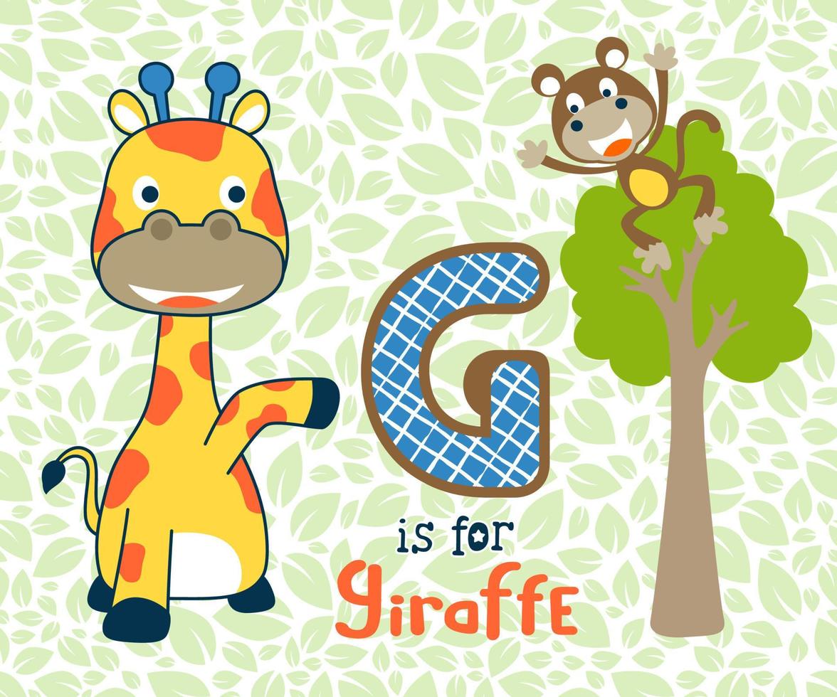 vector illustration of cartoon nice giraffe and monkey on seamless pattern of leaves, education for kids