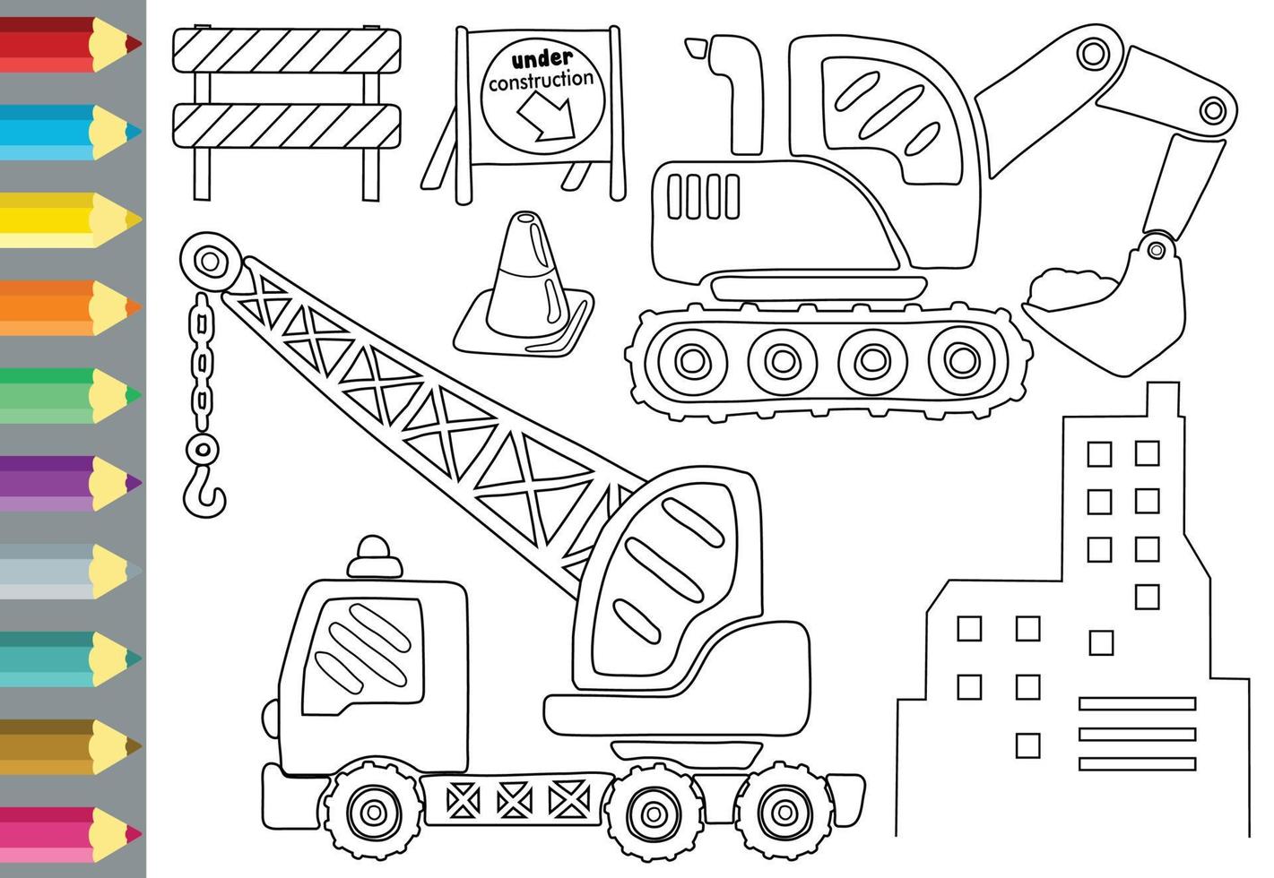 construction vehicles cartoon with construction elements, coloring book or page vector