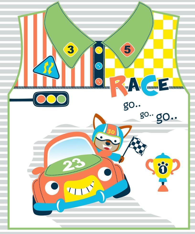 Vector illustration of cute fox holding finish flag on racing car, car racing elements, kids t shirt graphic