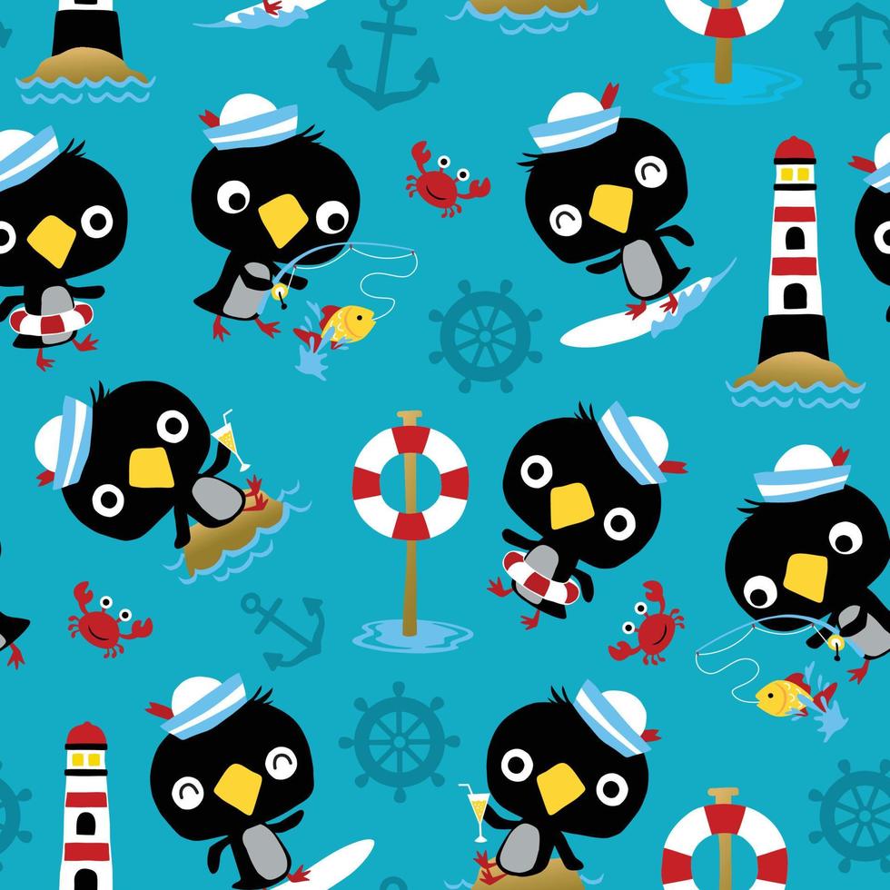 Seamless pattern vector of penguin wearing sailor cap, sailing elements cartoon