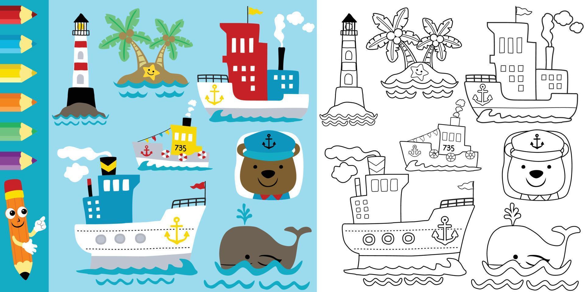 Vector illustration of sailing elements cartoon with funny bear, coloring book or page
