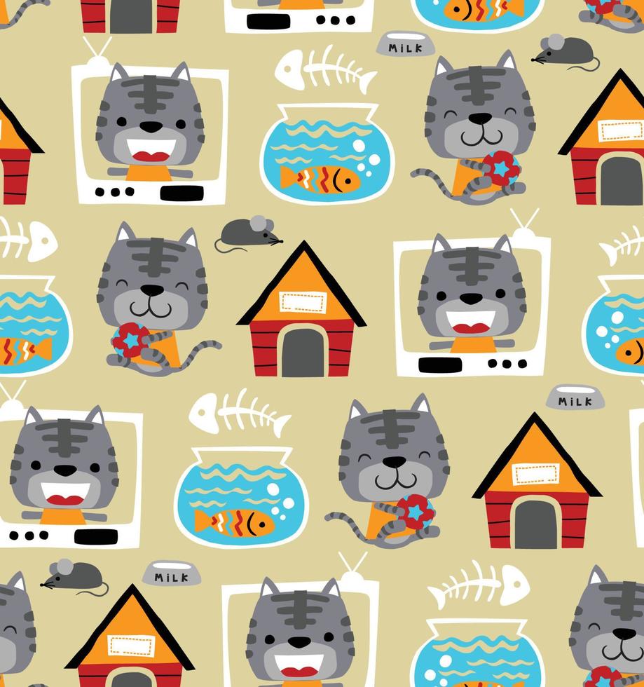 Seamless pattern vector of funny cat cartoon with its toys, pet element cartoon