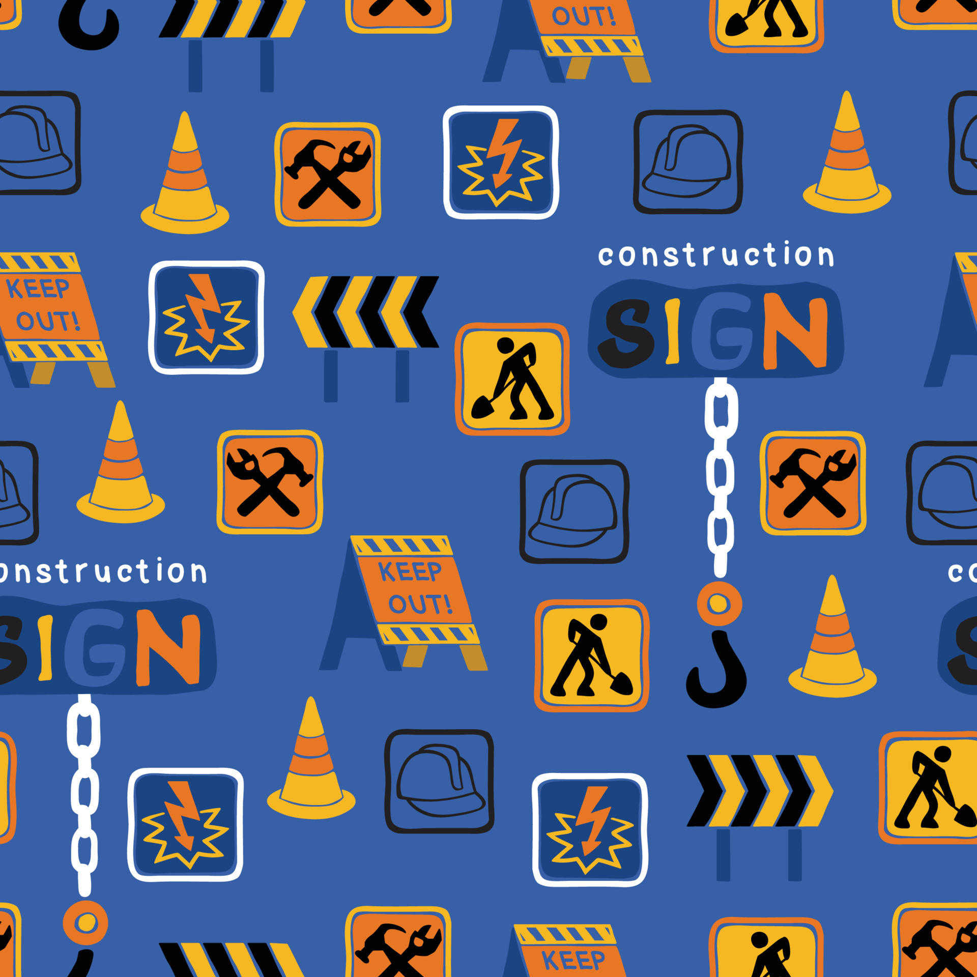 Seamless pattern vector of construction signs, construction elements