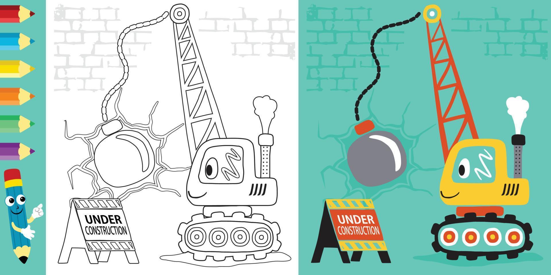 wrecking ball crane cartoon, coloring book or page vector