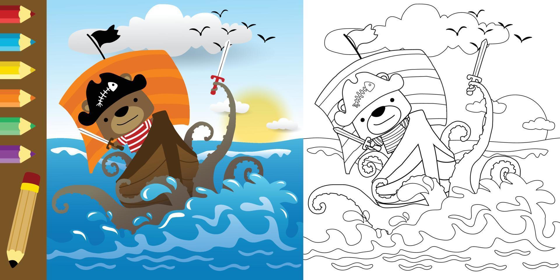 ilustración vectorial de un lindo oso disfrazado de pirata en un velero luchando con un monstruo marino, un libro de colores o una página vector