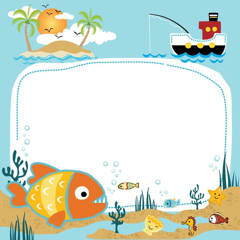 Template card with marine life cartoon, fishing boat, summer island. Sea life elements vector illustration