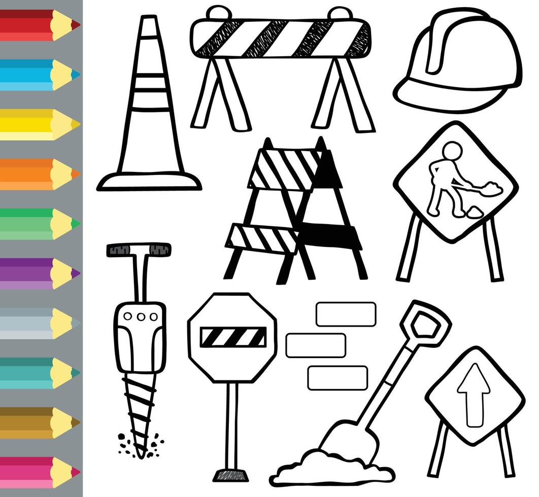 conjunto vectorial de signos de construcción, dibujos animados de elementos de construcción, libro de colorear o página vector