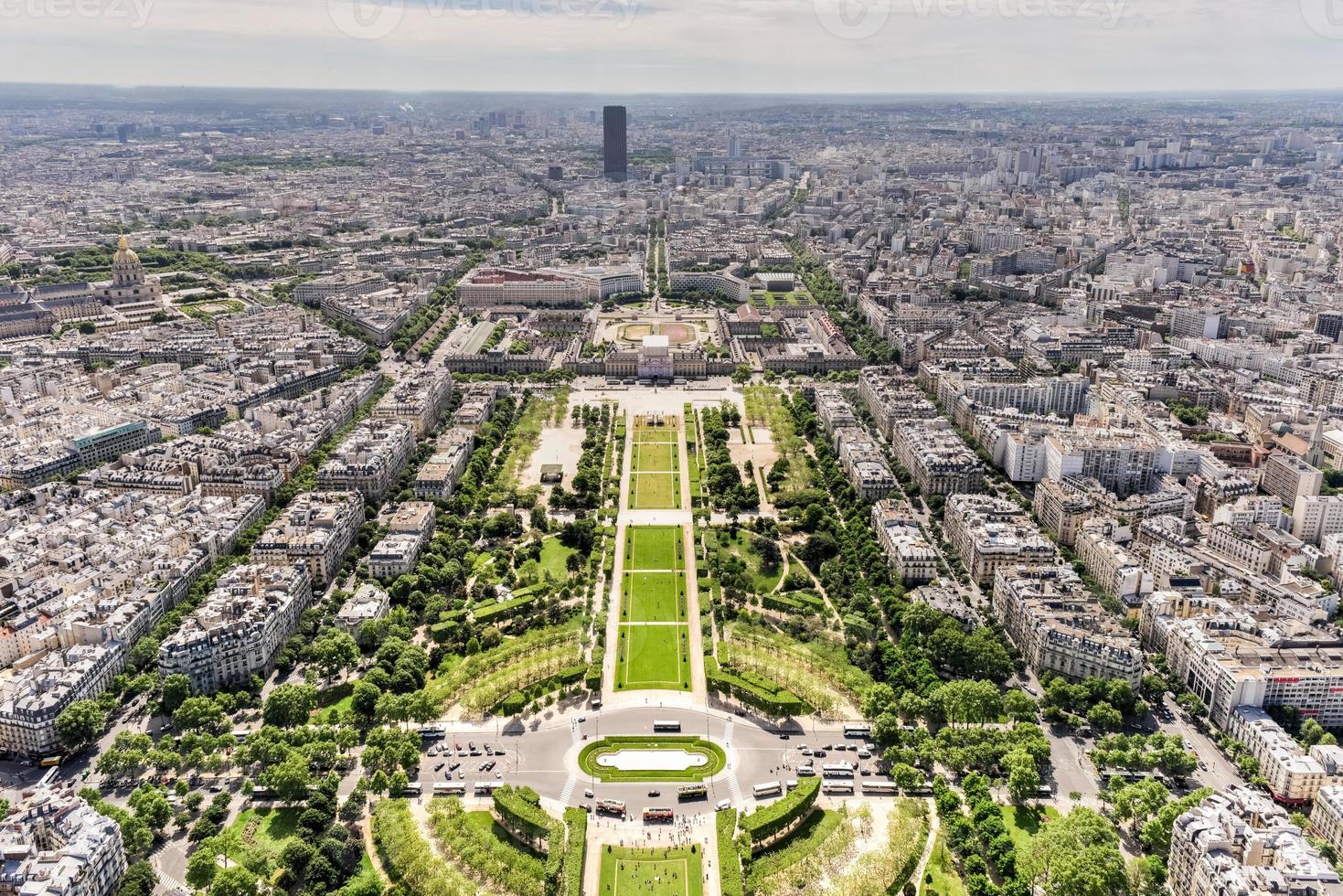 Aerial panoramic view of Paris and Champ de Mars from Eiffel Tower in Paris, France photo