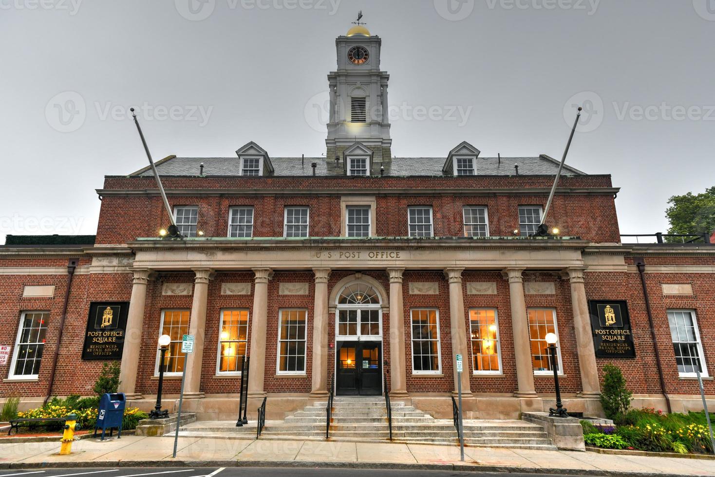 Plymouth, Massachusetts - July 3, 2020 -  Post Office building in the classical architectural style in Plymouth, Massachusetts. photo