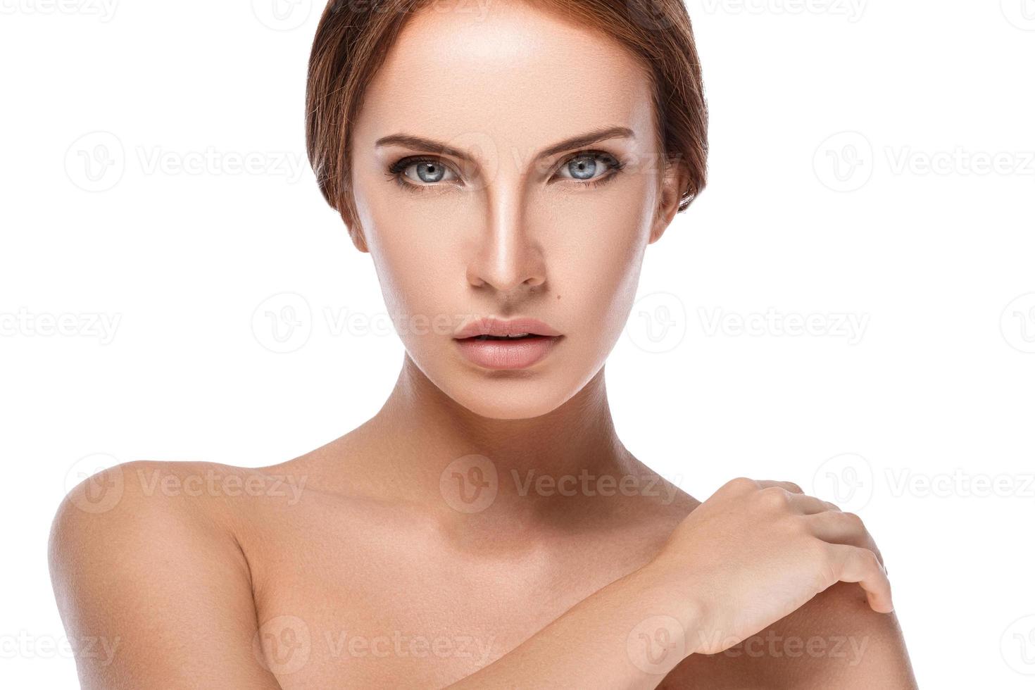 Portrait of beautiful woman on white background photo