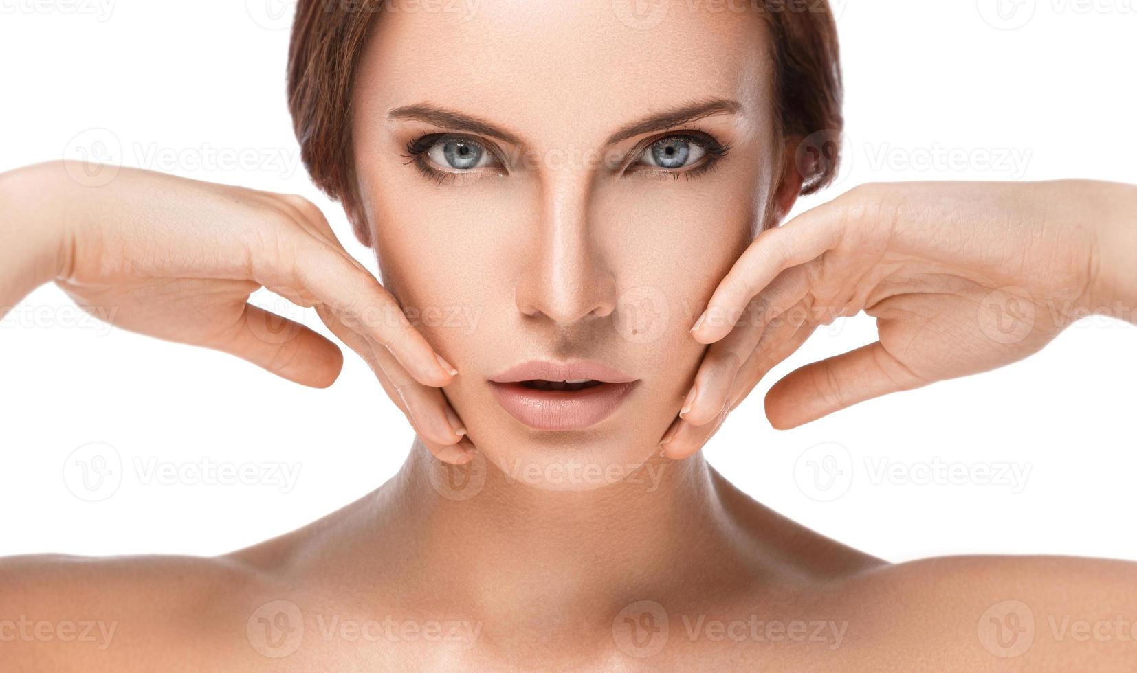Portrait of beautiful woman on white background photo