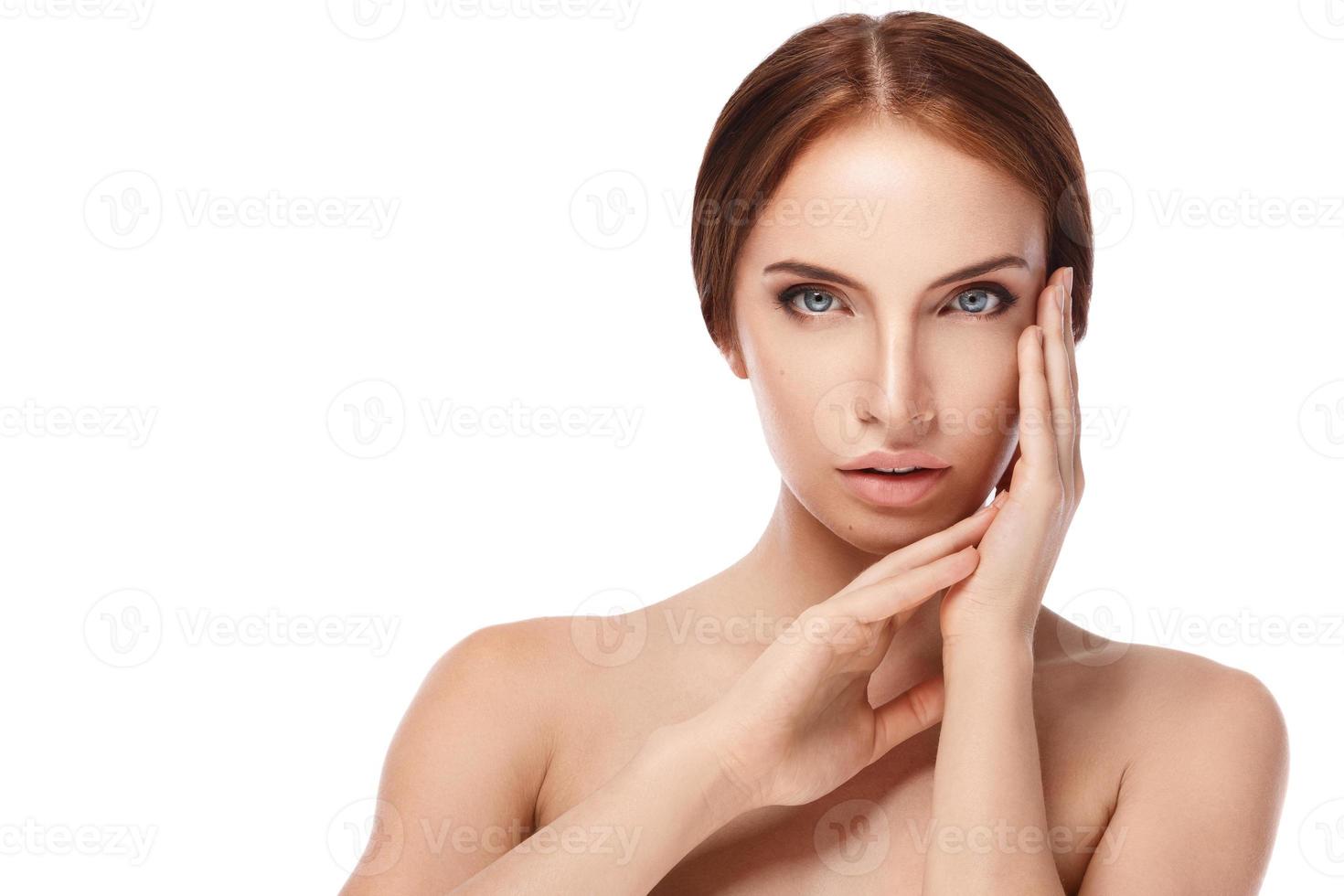 Woman with perfect face on white background photo