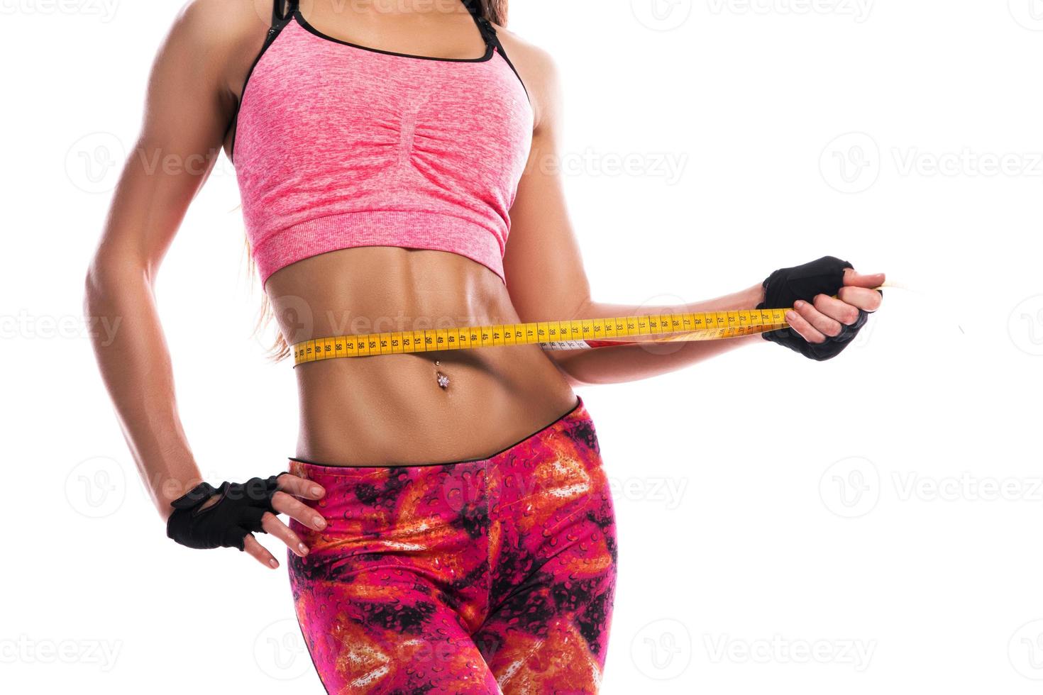 Woman and measure tape on white background photo