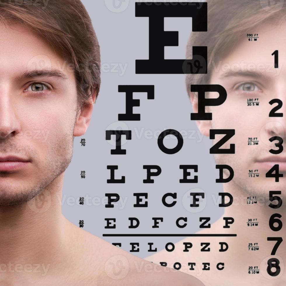 Male face with eye chart. Eyesight and visual acuity concept photo
