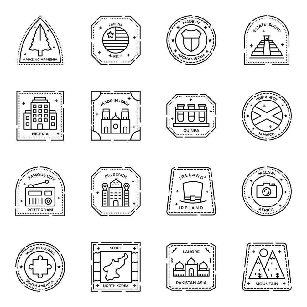 paquete de iconos de pasaporte y sellos postales vector