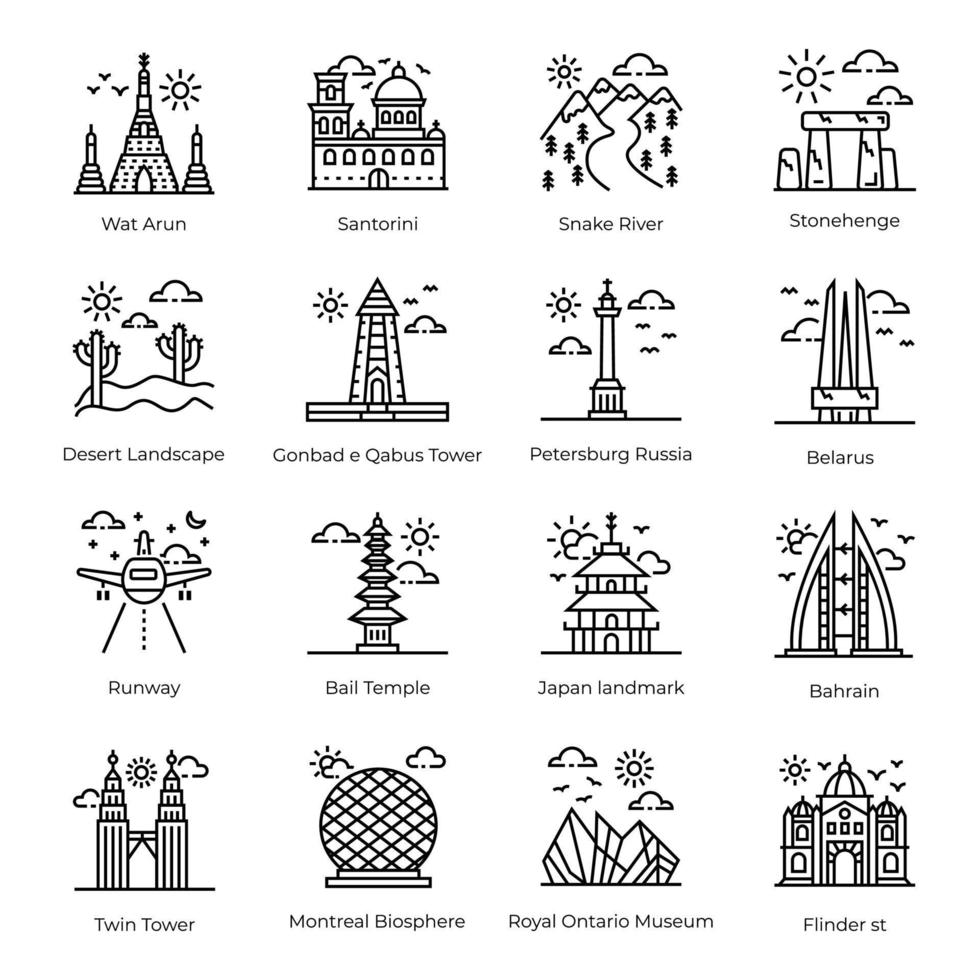 paquete de iconos lineales de monumentos y monumentos de fama mundial vector