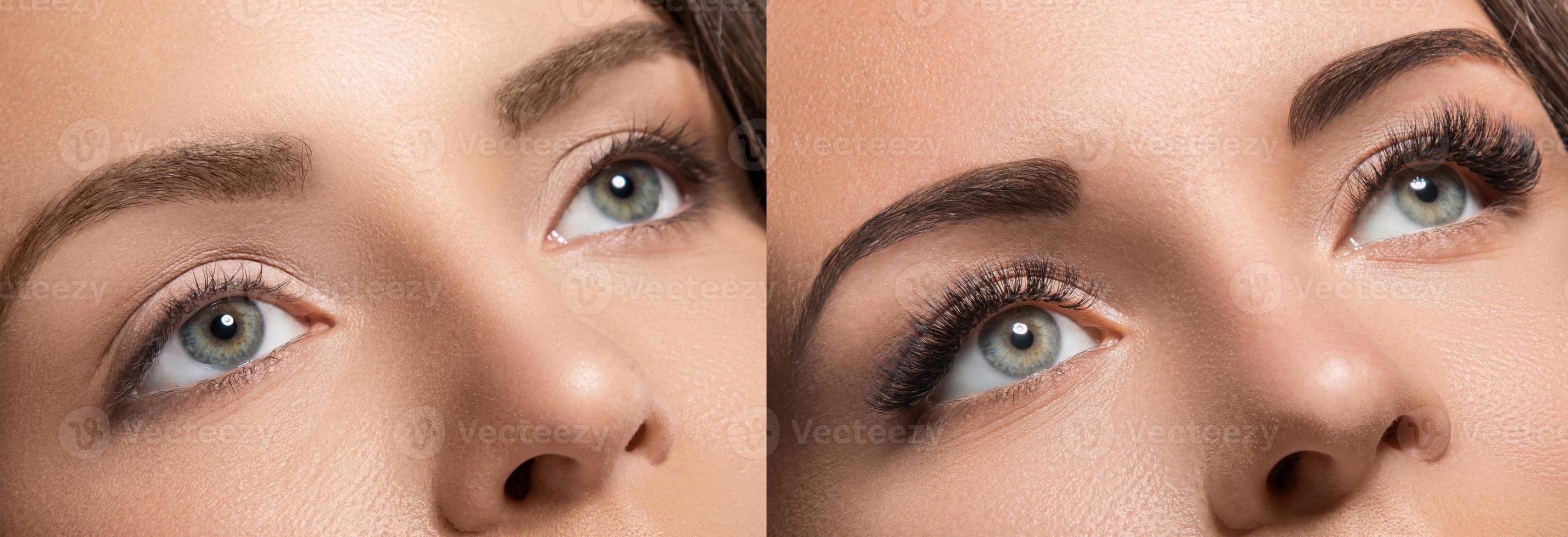 Face comparison after eyelash extension and eyebrow correction photo