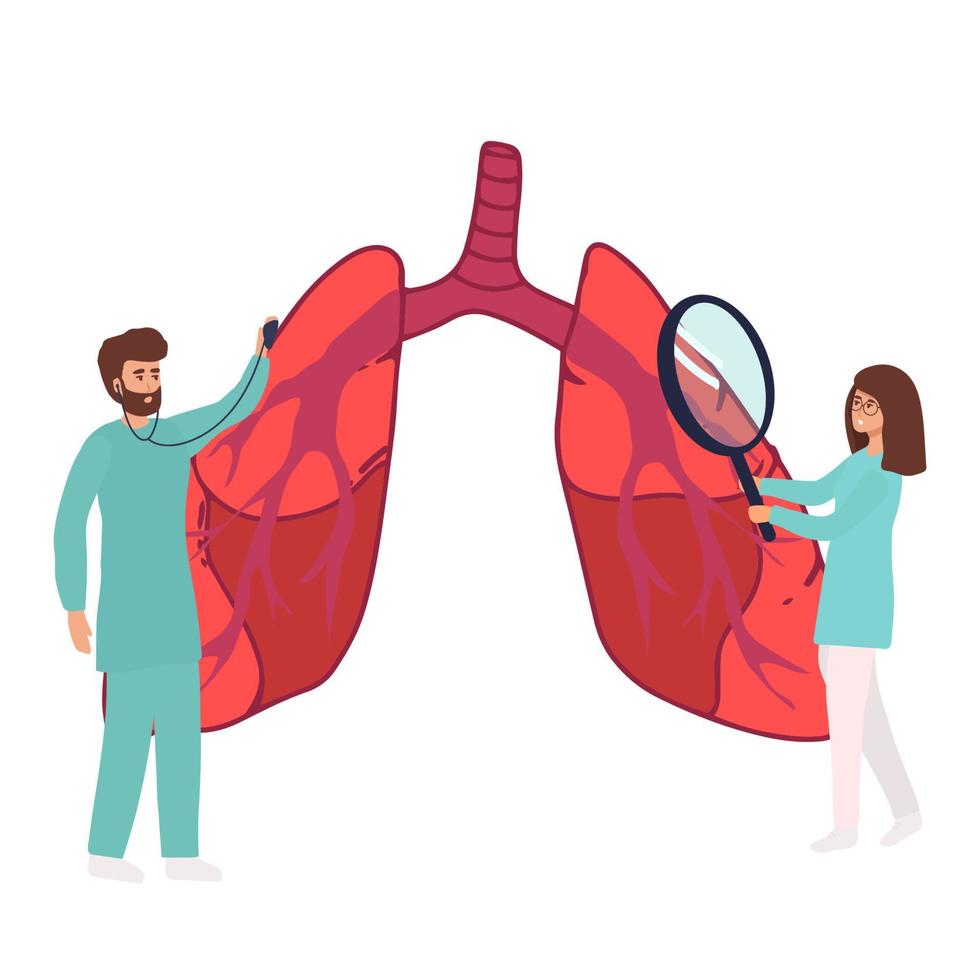 Pulmonology vector illustration. Flat tiny lungs healthcare persons concept. Abstract respiratory system examination and treatment. Internal organ inspection check for illness. landing page