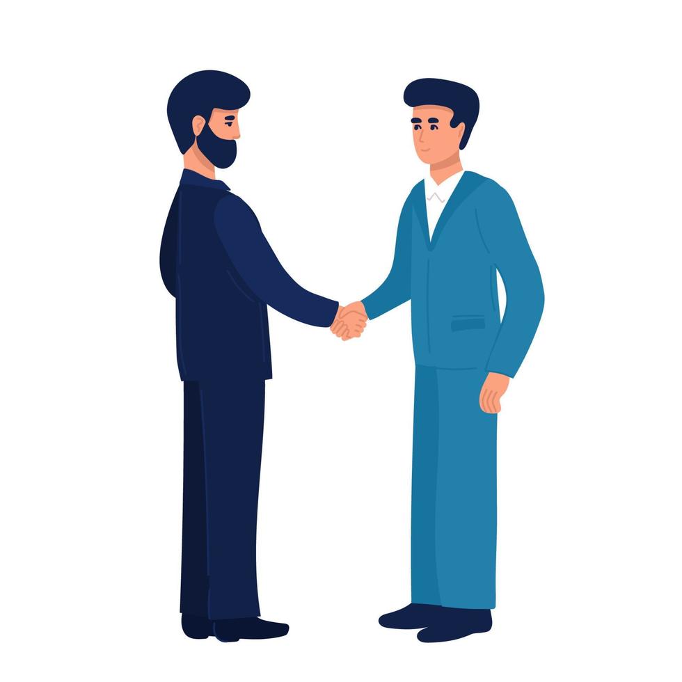 Business partnership. Illustration of business people in suits shaking hands. Flat design isolated on a white background. Vector 10 EPS.