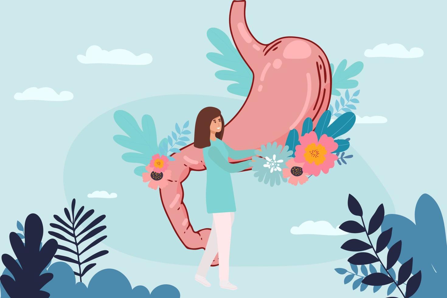 Group of doctors check up human stomach. A doctor holding magnifying glass zoom at stomach, lady Doctor using stethoscope, explaining symptoms and treatment, digestive system, intestinal and gastro, vector